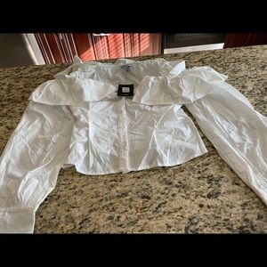 Off the shoulder white button down top